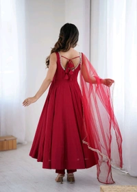 PURE ROMANSILK CHANDERI FABRIC FULLY FLARE ANARKALI,WITH DUPPTA SET,PENT READY TO WEAR•KB-285 - Red, M