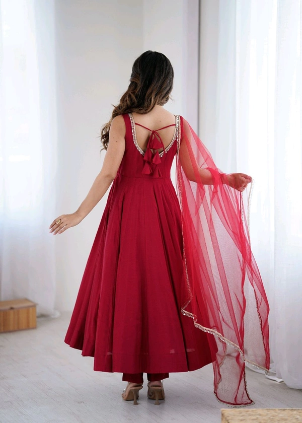 PURE ROMANSILK CHANDERI FABRIC FULLY FLARE ANARKALI,WITH DUPPTA SET,PENT READY TO WEAR•KB-285 - Red, L