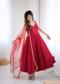 PURE ROMANSILK CHANDERI FABRIC FULLY FLARE ANARKALI,WITH DUPPTA SET,PENT READY TO WEAR•KB-285 - Red, L