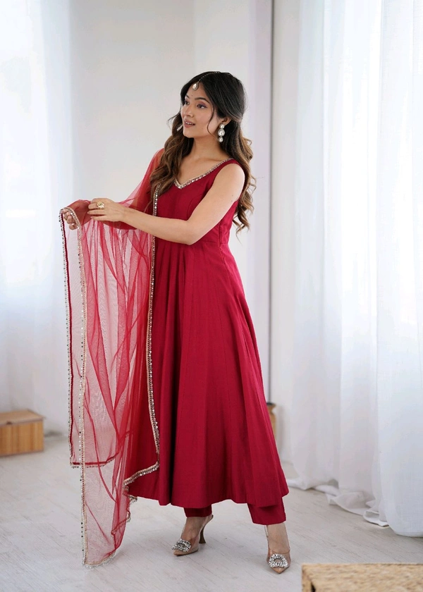 PURE ROMANSILK CHANDERI FABRIC FULLY FLARE ANARKALI,WITH DUPPTA SET,PENT READY TO WEAR•KB-285 - Red, L