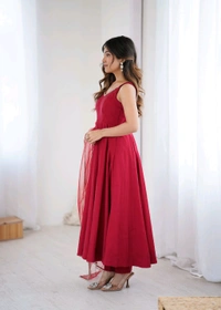 PURE ROMANSILK CHANDERI FABRIC FULLY FLARE ANARKALI,WITH DUPPTA SET,PENT READY TO WEAR•KB-285 - Red, XL