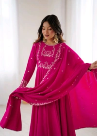 HIGH PREMIUM QUALITY PURE ROMAN CHANDERI SILK FABRIC FULLY FLARE ANARKALI,WITH DUPPTA SET,PENT READY TO WEAR•KB-289
- Dark pink, XL