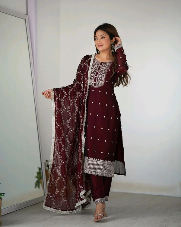 BLOOMING RANGOLI SILK FABRIC STRAIGHT FIT KURTA WITH DUPPTA SET,TROUSERS,READY TO WEAR•KB-273 