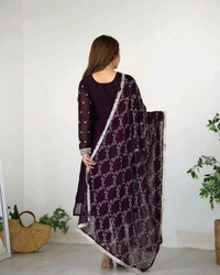 BLOOMING RANGOLI SILK FABRIC STRAIGHT FIT KURTA WITH DUPPTA SET,TROUSERS,READY TO WEAR•KB-273 - Purple, S