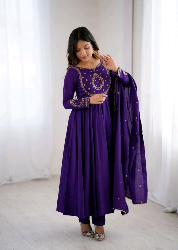 PREMIUM QUALITY PURE ROMAN CHANDERI SILK FABRIC FULLY FLARE ANARKALI,WITH DUPPTA SET,PENT READY TO WEAR•KB-290