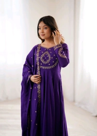 PREMIUM QUALITY PURE ROMAN CHANDERI SILK FABRIC FULLY FLARE ANARKALI,WITH DUPPTA SET,PENT READY TO WEAR•KB-290 - Purple, S