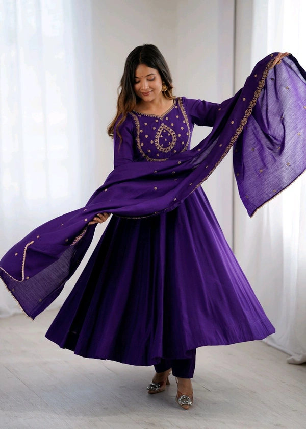 PREMIUM QUALITY PURE ROMAN CHANDERI SILK FABRIC FULLY FLARE ANARKALI,WITH DUPPTA SET,PENT READY TO WEAR•KB-290 - Purple, S