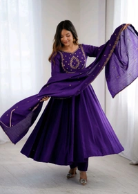 PREMIUM QUALITY PURE ROMAN CHANDERI SILK FABRIC FULLY FLARE ANARKALI,WITH DUPPTA SET,PENT READY TO WEAR•KB-290 - Purple, XL