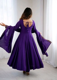 PREMIUM QUALITY PURE ROMAN CHANDERI SILK FABRIC FULLY FLARE ANARKALI,WITH DUPPTA SET,PENT READY TO WEAR•KB-290 - Purple, XXL