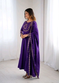 PREMIUM QUALITY PURE ROMAN CHANDERI SILK FABRIC FULLY FLARE ANARKALI,WITH DUPPTA SET,PENT READY TO WEAR•KB-290 - Purple, XXL