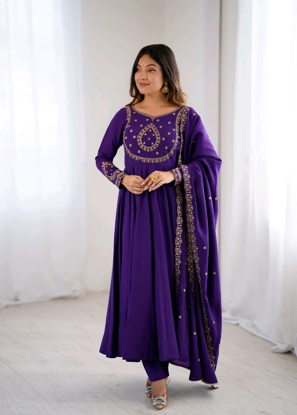 PREMIUM QUALITY PURE ROMAN CHANDERI SILK FABRIC FULLY FLARE ANARKALI,WITH DUPPTA SET,PENT READY TO WEAR•KB-290 - Purple, XXL