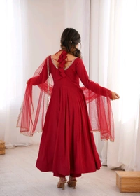 PURE ROMANSILK CHANDERI FABRIC FULLY FLARE ANARKALI,WITH DUPPTA SET,PENT READY TO WEAR•KB-293 - Red, S
