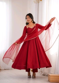 PURE ROMANSILK CHANDERI FABRIC FULLY FLARE ANARKALI,WITH DUPPTA SET,PENT READY TO WEAR•KB-293 - Red, S
