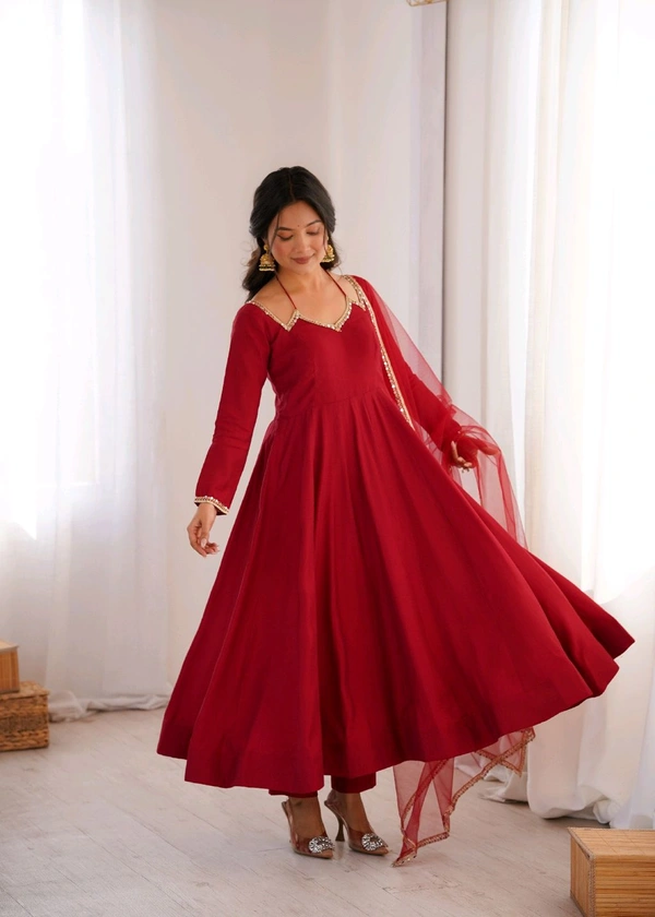 PURE ROMANSILK CHANDERI FABRIC FULLY FLARE ANARKALI,WITH DUPPTA SET,PENT READY TO WEAR•KB-293 - Red, L