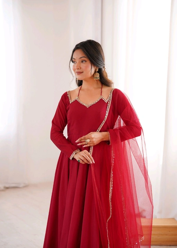 PURE ROMANSILK CHANDERI FABRIC FULLY FLARE ANARKALI,WITH DUPPTA SET,PENT READY TO WEAR•KB-293 - Red, L