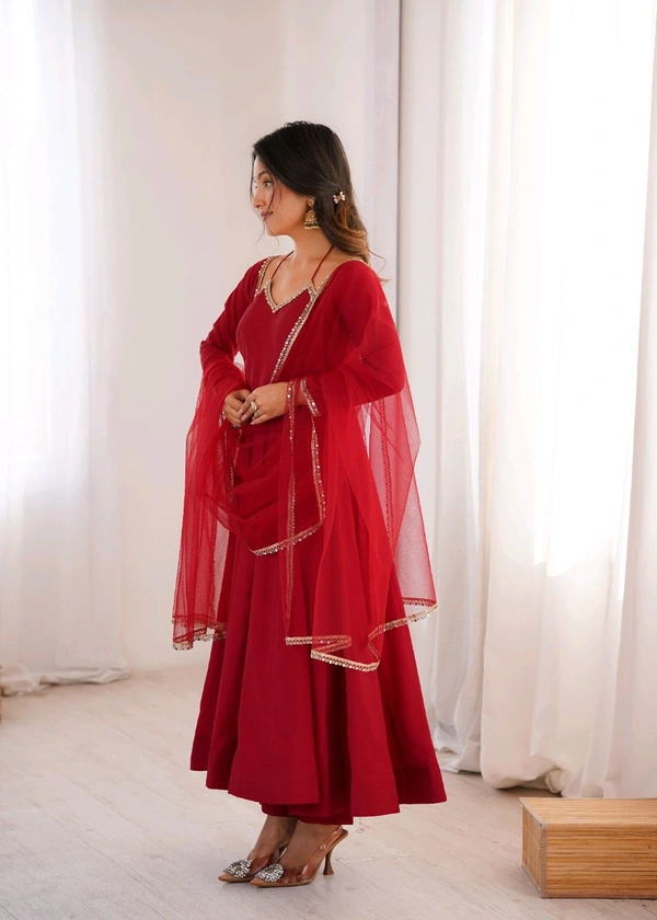 PURE ROMANSILK CHANDERI FABRIC FULLY FLARE ANARKALI,WITH DUPPTA SET,PENT READY TO WEAR•KB-293 - Red, L