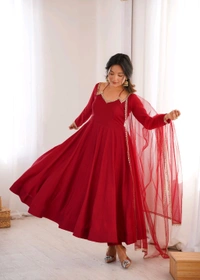 PURE ROMANSILK CHANDERI FABRIC FULLY FLARE ANARKALI,WITH DUPPTA SET,PENT READY TO WEAR•KB-293 - Red, XL