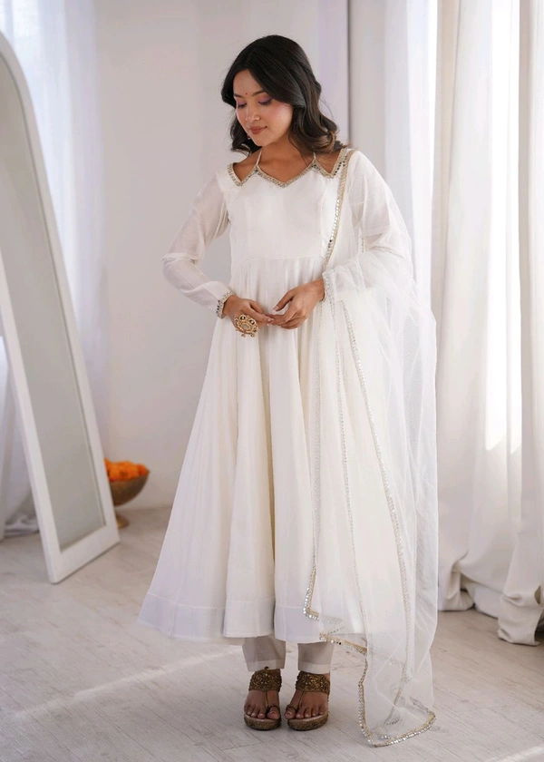 PURE ROMANSILK CHANDERI FABRIC FULLY FLARE ANARKALI,WITH DUPPTA SET,PENT READY TO WEAR•KB-293 - White, S