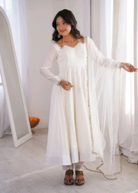PURE ROMANSILK CHANDERI FABRIC FULLY FLARE ANARKALI,WITH DUPPTA SET,PENT READY TO WEAR•KB-293 - White, S