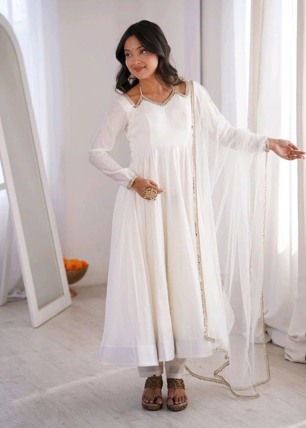 PURE ROMANSILK CHANDERI FABRIC FULLY FLARE ANARKALI,WITH DUPPTA SET,PENT READY TO WEAR•KB-293 - White, M