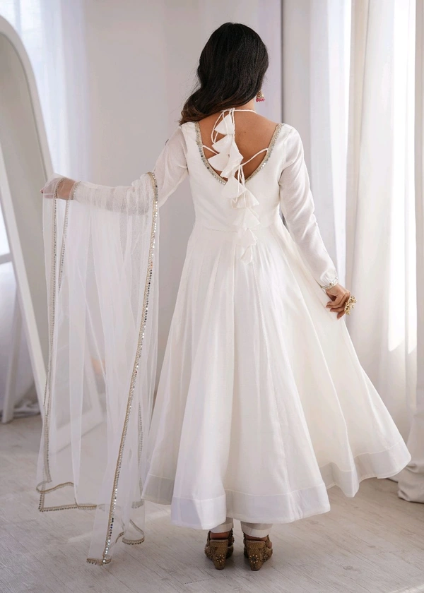 PURE ROMANSILK CHANDERI FABRIC FULLY FLARE ANARKALI,WITH DUPPTA SET,PENT READY TO WEAR•KB-293 - White, L
