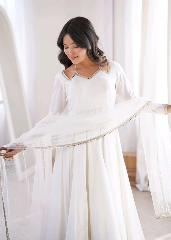 PURE ROMANSILK CHANDERI FABRIC FULLY FLARE ANARKALI,WITH DUPPTA SET,PENT READY TO WEAR•KB-293 - White, XXL