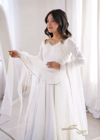 PURE ROMANSILK CHANDERI FABRIC FULLY FLARE ANARKALI,WITH DUPPTA SET,PENT READY TO WEAR•KB-293 - White, XXL