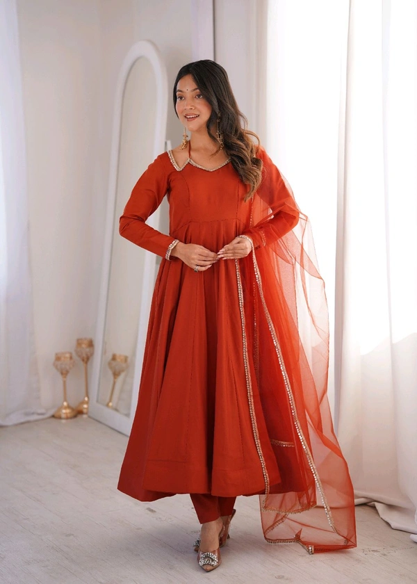 PURE ROMANSILK CHANDERI FABRIC FULLY FLARE ANARKALI,WITH DUPPTA SET,PENT READY TO WEAR•KB-293 - Orange, L