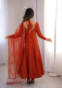 PURE ROMANSILK CHANDERI FABRIC FULLY FLARE ANARKALI,WITH DUPPTA SET,PENT READY TO WEAR•KB-293 - Orange, L