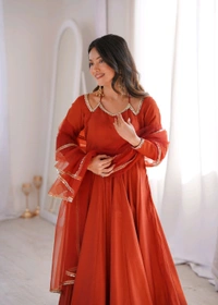 PURE ROMANSILK CHANDERI FABRIC FULLY FLARE ANARKALI,WITH DUPPTA SET,PENT READY TO WEAR•KB-293 - Orange, L