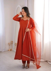 PURE ROMANSILK CHANDERI FABRIC FULLY FLARE ANARKALI,WITH DUPPTA SET,PENT READY TO WEAR•KB-293 - Orange, L