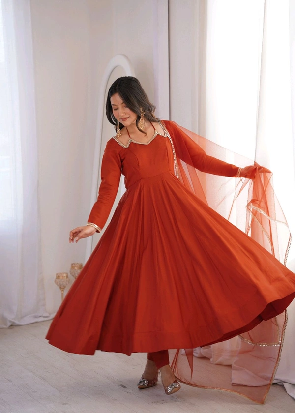 PURE ROMANSILK CHANDERI FABRIC FULLY FLARE ANARKALI,WITH DUPPTA SET,PENT READY TO WEAR•KB-293 - Orange, XXL