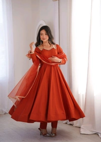 PURE ROMANSILK CHANDERI FABRIC FULLY FLARE ANARKALI,WITH DUPPTA SET,PENT READY TO WEAR•KB-293 - Orange, XXL