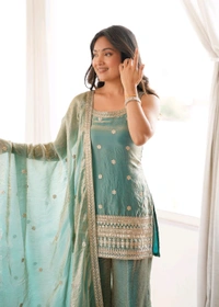 CRUNCHY SILK FABRIC WITH EMBROIDERY SEQUENCE AND JARI WORK,TOP WITH DUPPTA SET,BELL BOTTOM PENT READY TO WEAR•KB-302 - Seagreen, S