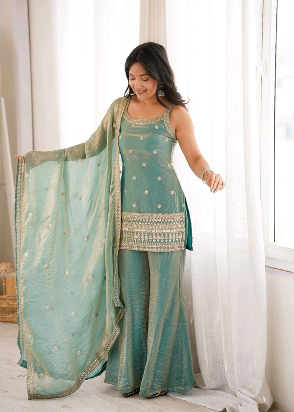 CRUNCHY SILK FABRIC WITH EMBROIDERY SEQUENCE AND JARI WORK,TOP WITH DUPPTA SET,BELL BOTTOM PENT READY TO WEAR•KB-302 - Seagreen, M