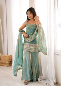 CRUNCHY SILK FABRIC WITH EMBROIDERY SEQUENCE AND JARI WORK,TOP WITH DUPPTA SET,BELL BOTTOM PENT READY TO WEAR•KB-302 - Seagreen, M