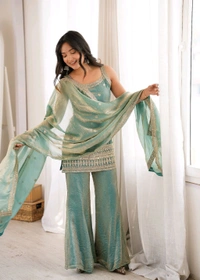 CRUNCHY SILK FABRIC WITH EMBROIDERY SEQUENCE AND JARI WORK,TOP WITH DUPPTA SET,BELL BOTTOM PENT READY TO WEAR•KB-302 - Seagreen, M