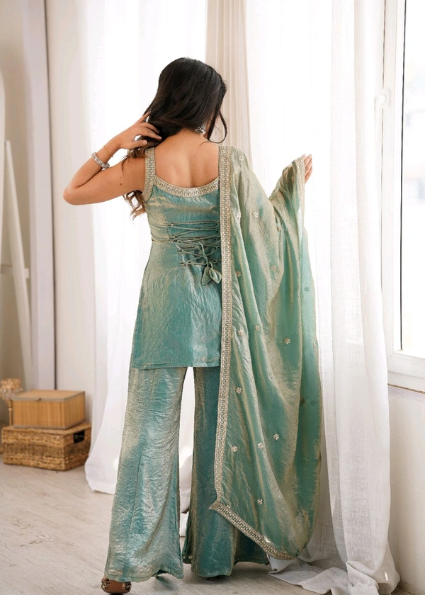 CRUNCHY SILK FABRIC WITH EMBROIDERY SEQUENCE AND JARI WORK,TOP WITH DUPPTA SET,BELL BOTTOM PENT READY TO WEAR•KB-302 - Seagreen, XL