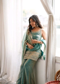 CRUNCHY SILK FABRIC WITH EMBROIDERY SEQUENCE AND JARI WORK,TOP WITH DUPPTA SET,BELL BOTTOM PENT READY TO WEAR•KB-302 - Seagreen, XL