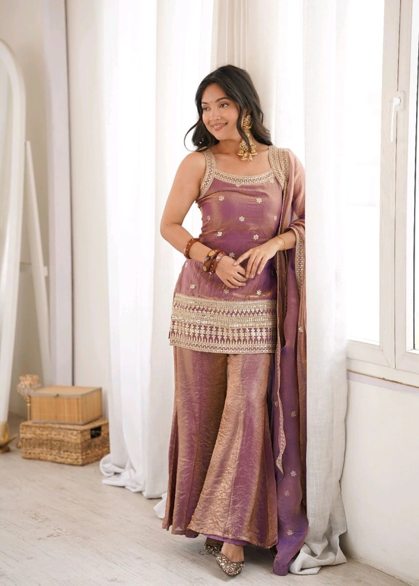CRUNCHY SILK FABRIC WITH EMBROIDERY SEQUENCE AND JARI WORK,TOP WITH DUPPTA SET,BELL BOTTOM PENT READY TO WEAR•KB-302 - Dusty pink, S