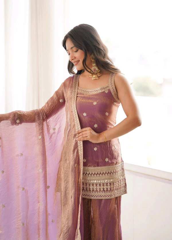 CRUNCHY SILK FABRIC WITH EMBROIDERY SEQUENCE AND JARI WORK,TOP WITH DUPPTA SET,BELL BOTTOM PENT READY TO WEAR•KB-302 - Dusty pink, S