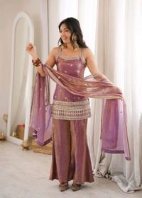 CRUNCHY SILK FABRIC WITH EMBROIDERY SEQUENCE AND JARI WORK,TOP WITH DUPPTA SET,BELL BOTTOM PENT READY TO WEAR•KB-302 - Dusty pink, S