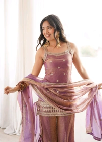 CRUNCHY SILK FABRIC WITH EMBROIDERY SEQUENCE AND JARI WORK,TOP WITH DUPPTA SET,BELL BOTTOM PENT READY TO WEAR•KB-302 - Dusty pink, S