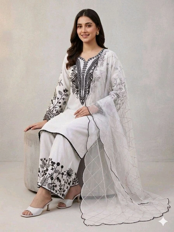 BEAUTIFUL SEQUENCE EMBROIDERED TOP , PLAZZO WITH DUPATTA• LG-2101 - White, M