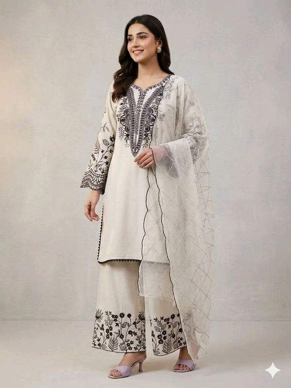 BEAUTIFUL SEQUENCE EMBROIDERED TOP , PLAZZO WITH DUPATTA• LG-2101 - White, L
