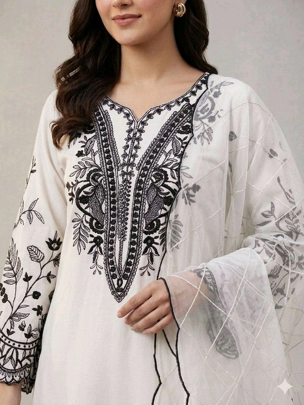 BEAUTIFUL SEQUENCE EMBROIDERED TOP , PLAZZO WITH DUPATTA• LG-2101 - White, L