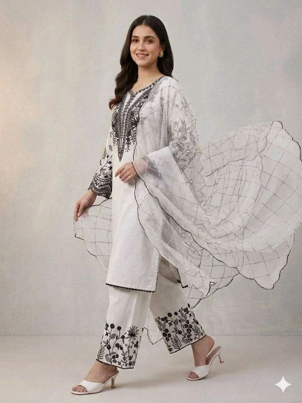 BEAUTIFUL SEQUENCE EMBROIDERED TOP , PLAZZO WITH DUPATTA• LG-2101 - White, L