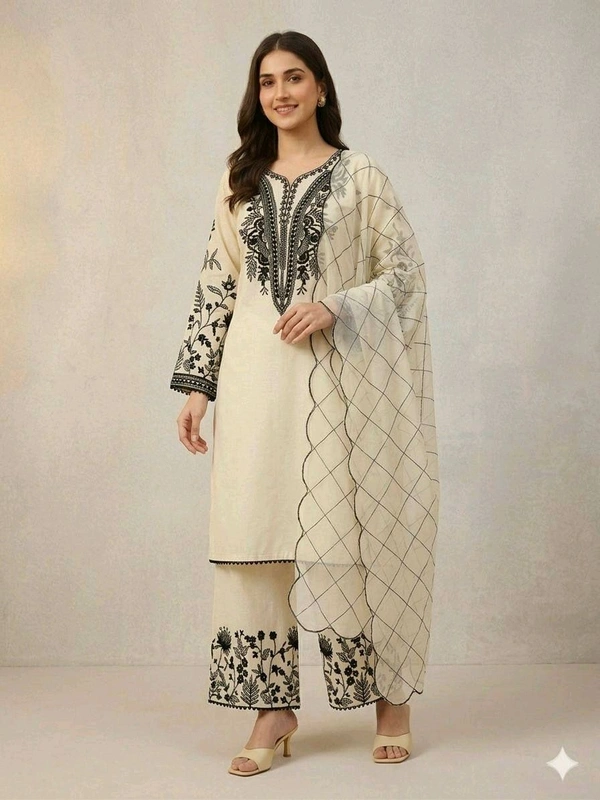 BEAUTIFUL SEQUENCE EMBROIDERED TOP , PLAZZO WITH DUPATTA• LG-2101 - Cream, XL