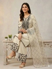 BEAUTIFUL SEQUENCE EMBROIDERED TOP , PLAZZO WITH DUPATTA• LG-2101 - Cream, XL
