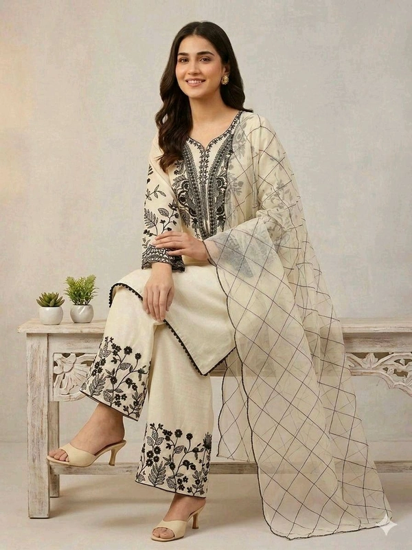 BEAUTIFUL SEQUENCE EMBROIDERED TOP , PLAZZO WITH DUPATTA• LG-2101 - Cream, XL